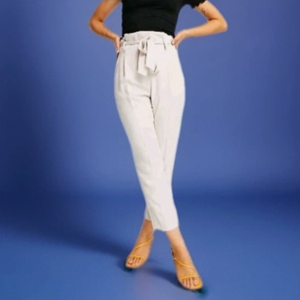 NWT On-34th High Rise Linen Blend Cropped Paperbag Pants Size 14W Cream